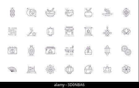 State-of-the-art bundle featuring 28 Grid Fitted vector icons inspired by Oriental, created in Thin Line format at High Resolution for next-generation Stock Vector