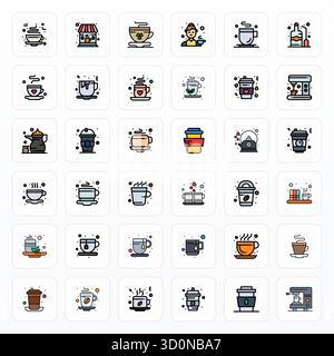 Artfully designed 36 Filled Line Pixel Aligned vector icons for Hot Beverage, delivered in 256x256 format for consistent visual excellence. Stock Vector