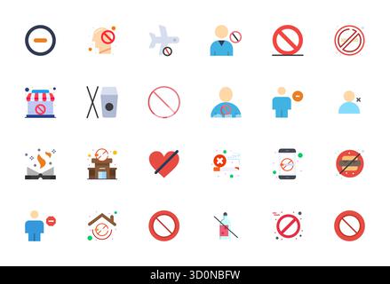 Perfectly balanced 24 Flat Pixel Optimized vector icons for Ban, sized at Retina Ready for harmonious integration in digital design projects. Stock Vector