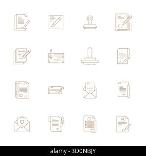 Strategic bundle featuring 16 vector icons representing Signature in Thin Line format, optimized with 128x128 Detail Enhanced quality for professional Stock Vector