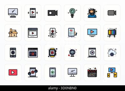 Industry-leading pack of 24 Filled Line Pixel Aligned vector icons for Streaming, sized at 128x128 for optimal rendering and user interface excellence Stock Vector
