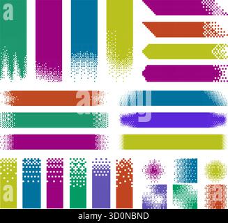 Pixel art banners. Pixelated halftone stripes with pixel dissolve gradient edges, geometric glitch abstract backgrounds and retro digital fading Stock Vector