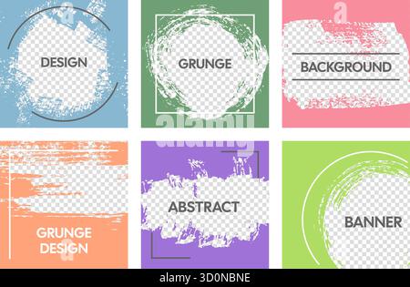 Square grunge banner templates. Abstract background frames with hand drawn paint brush strokes texture, label border with textured hole for creative Stock Vector