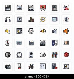 Meticulously crafted 36 Filled Line vector icons for Volume, delivered in 128x128 Grid Fitted quality for uncompromising design standards. Stock Vector