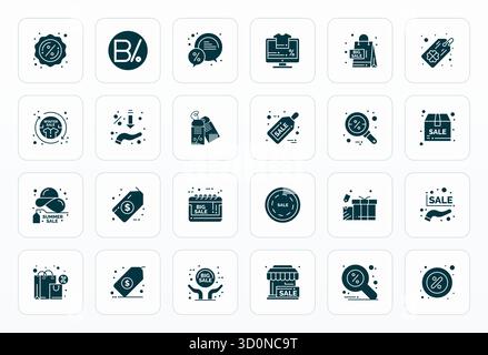 This Clearance Sale vector icon pack includes 24 Glyph designs in High Resolution Display Perfect format, perfect for enhancing digital interfaces. Stock Vector