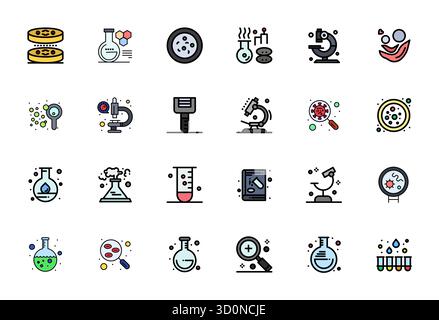 Essential pack of 24 PIXEL Perfect vector icons for Microscope in Flat Line Filled format, sized at Retina Ready for optimal performance and scalabili Stock Vector