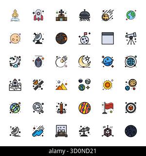 Artfully designed 36 Flat Line Filled Pixel Optimized vector icons for Space, delivered in Retina Ready format for consistent visual excellence. Stock Vector