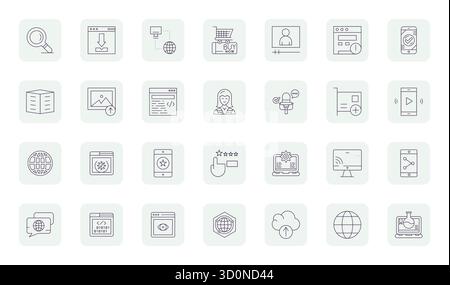Refined bundle featuring 28 Thin Outline vector icons for Online, optimized with 64x64 Pixel Aligned quality for elegant and functional design solutio Stock Vector