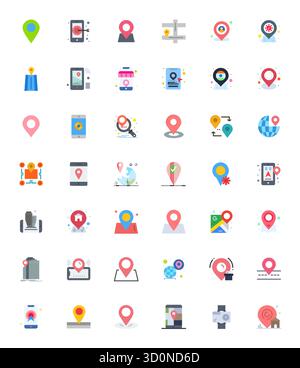 A versatile set of 42 Flat Grid Fitted vector icons focused on Geolocation, delivered in crisp 256x256 format ideal for mobile and web applications. Stock Vector