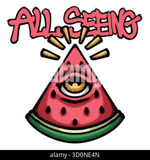 Watermelon With Eye hand drawn tshirt illustration Stock Vector