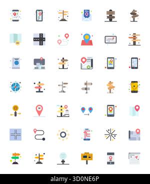 Masterfully created 42 vector icons representing Directions in Flat design, featuring 128x128 PIXEL Perfect resolution for exceptional visual quality. Stock Vector