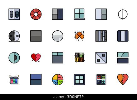 Unlock 24 Flat Line Filled PIXEL Perfect vector icons inspired by Divided, optimized in 128x128 format for flawless display across all devices. Stock Vector