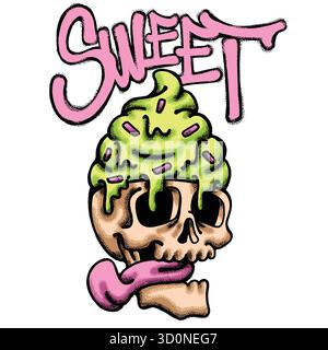 Skull With Ice Cream hand drawn tshirt illustration Stock Vector
