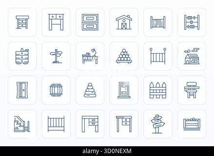 Streamlined set of 24 vector icons for Wooden in Bold Line aesthetic, featuring 128x128 Detail Enhanced resolution for seamless user experiences. Stock Vector