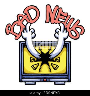 TV Exploding With Hand hand drawn tshirt illustration Stock Vector