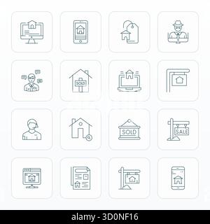 This collection features 16 Thin Line Grid Fitted vector icons tailored to the Agent theme, optimized in Retina Ready format for digital design. Stock Vector