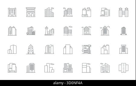 Thoughtfully designed 28 vector icons themed around HighRise, crafted in Thin Line with 256x256 Detail Enhanced precision for contemporary design need Stock Vector
