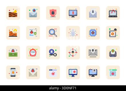 Set of 24 Flat Pixel Optimized vector icons themed around Malware, crafted in 256x256 resolution for seamless integration in apps and websites. Stock Vector