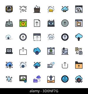 Contemporary collection of 36 vector icons representing File Upload in Line Filled aesthetic, featuring 64x64 Pixel Optimized resolution for modern ap Stock Vector