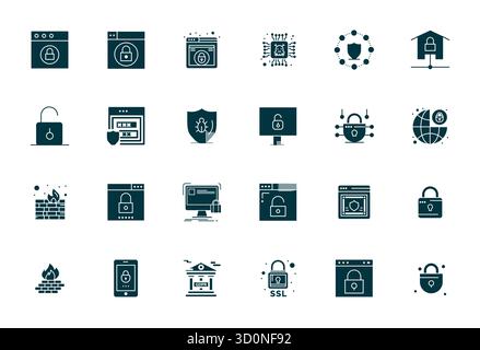 Masterfully created 24 vector icons representing Internet Security in Filled design, featuring 64x64 Display Perfect resolution for exceptional visual Stock Vector