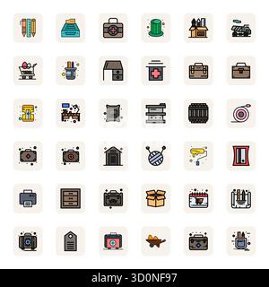 Professional-grade collection of 36 LineFilled vector icons representing Supplies, crafted with 256x256 Detail Enhanced precision for enterprise appli Stock Vector