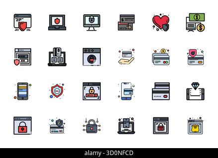 This set of 24 Flat Line Filled vector icons captures Secure Payment themes in 64x64 Grid Fitted quality, perfect for tech and business applications. Stock Vector