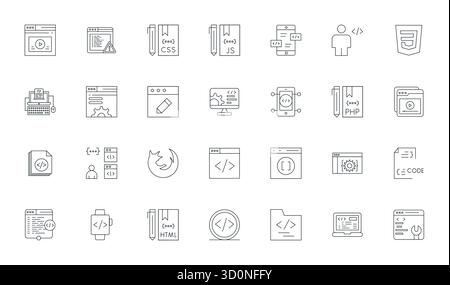 Artfully designed 28 Thin Line Pixel Aligned vector icons for Javascript, delivered in 64x64 format for consistent visual excellence. Stock Vector