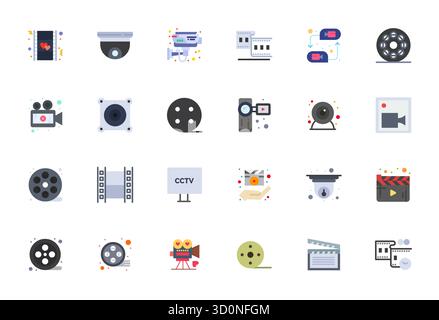 A clean collection of 24 Flat vector icons representing Footage, designed in 128x128 Pixel Optimized format for modern dashboards and interfaces. Stock Vector