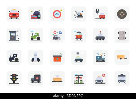 Discover a set of 24 Flat vector icons crafted for the Vehicle theme, featuring 256x256 Pixel Optimized designs ideal for modern UI/UX projects. Stock Vector