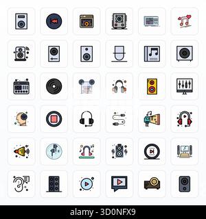 A dynamic set of 36 vector icons in Filled Line, tailored for Audiovisual with High Resolution Display Perfect quality suited for digital products. Stock Vector