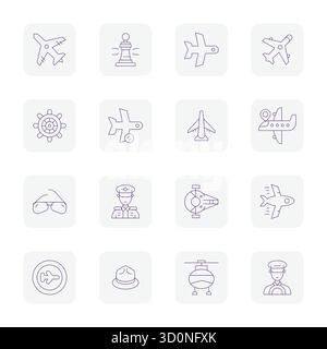 Future-ready pack of 16 vector icons themed around Pilot, showcasing Thin Outline design with 128x128 Pixel Optimized clarity for innovative user inte Stock Vector