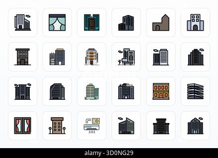 Streamlined set of 24 vector icons for Apartment Building in Filled Line aesthetic, featuring 128x128 Pixel Aligned resolution for seamless user exper Stock Vector