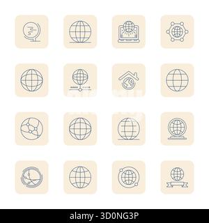 Complete package of 16 vector icons themed around Worldwide Communication, showcasing Thin Outline design in 128x128 Pixel Aligned quality for modern Stock Vector