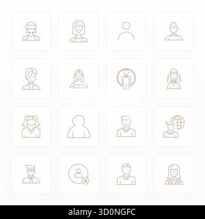 A clean collection of 16 Thin Line vector icons representing Avatar, designed in 128x128 Grid Fitted format for modern dashboards and interfaces. Stock Vector
