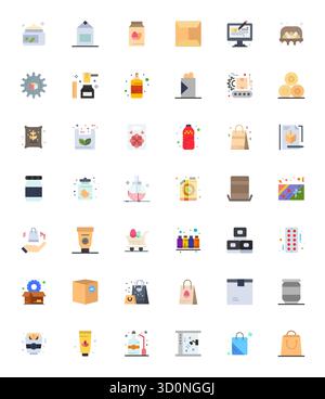 Essential pack of 42 PIXEL Perfect vector icons for Packaging in Flat format, sized at Retina Ready for optimal performance and scalability. Stock Vector