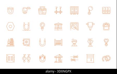 Industry-leading pack of 28 Thin Line Detail Enhanced vector icons for Metal, sized at 128x128 for optimal rendering and user interface excellence. Stock Vector