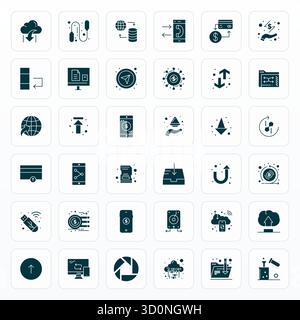 Perfectly balanced 36 Glyph Pixel Aligned vector icons for Transfer, sized at 64x64 for harmonious integration in digital design projects. Stock Vector