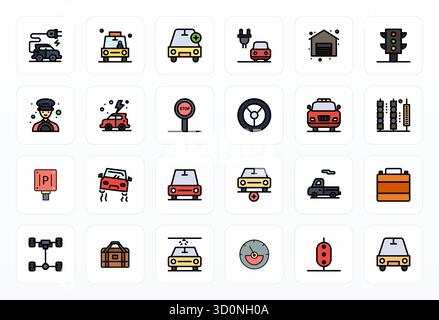 Unlock 24 Filled Line Pixel Optimized vector icons inspired by Automobile, optimized in 256x256 format for flawless display across all devices. Stock Vector