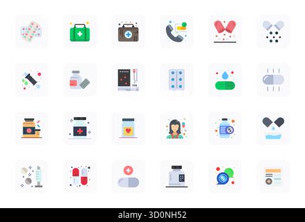 Industry-leading pack of 24 Flat PIXEL Perfect vector icons for Medication, sized at 64x64 for optimal rendering and user interface excellence. Stock Vector