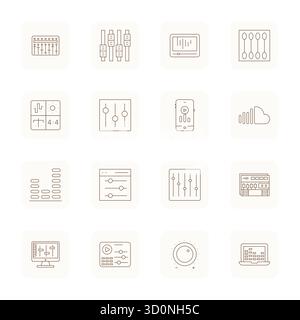 Masterfully created 16 vector icons representing Equalizer in Thin Outline design, featuring 64x64 Pixel Optimized resolution for exceptional visual q Stock Vector