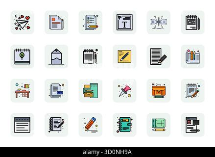 Thoughtfully designed 24 vector icons themed around Notepad, crafted in LineFilled with 64x64 Grid Fitted precision for contemporary design needs. Stock Vector