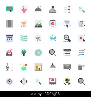 A versatile set of 36 Flat Grid Fitted vector icons focused on Filter, delivered in crisp High Resolution format ideal for mobile and web applications Stock Vector