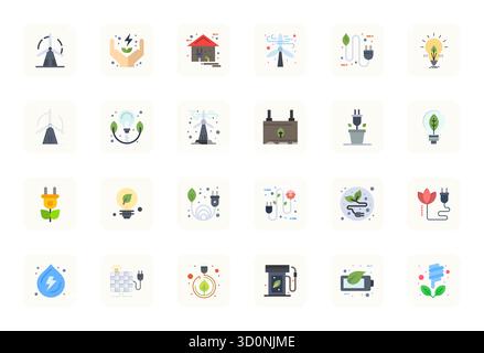 Curated pack of 24 64x64 vector icons in Flat design, centered around Sustainable Energy concepts with PIXEL Perfect clarity. Stock Vector
