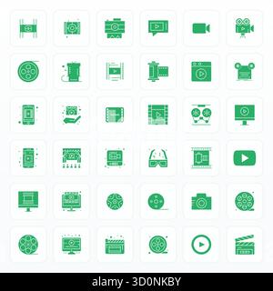 Handcrafted collection featuring 36 Glyph vector icons for Film, optimized in Retina Ready Pixel Aligned resolution for premium digital experiences. Stock Vector