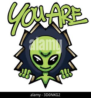 Alien Peeking hand drawn tshirt illustration Stock Vector