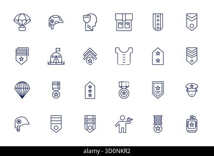 A clean collection of 24 Bold Line vector icons representing Soldier, designed in 128x128 PIXEL Perfect format for modern dashboards and interfaces. Stock Vector