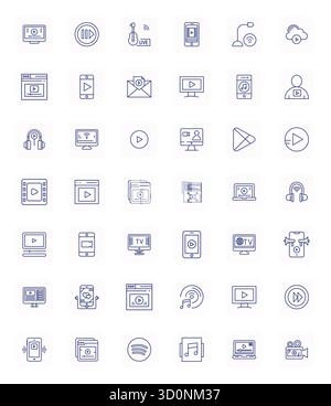 Beautifully rendered 42 Regular Bold Outline Pixel Optimized vector icons for Streaming, created at 256x256 resolution for stunning visual consistency Stock Vector