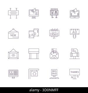 Meticulously crafted 16 Thin Line vector icons for Advertisement, delivered in Retina Ready Editable quality for uncompromising design standards. Stock Vector
