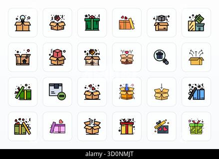 Beautifully rendered 24 Filled Line PIXEL Perfect vector icons for Unboxing, created at 256x256 resolution for stunning visual consistency across plat Stock Vector
