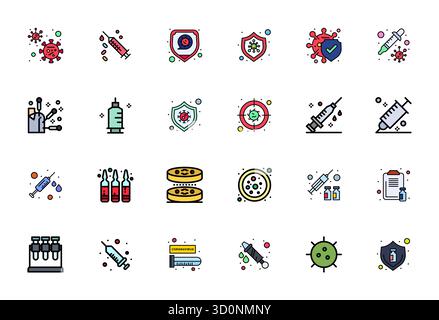 Refined bundle featuring 24 Flat Line Filled vector icons for Vaccine, optimized with High Resolution Editable quality for elegant and functional desi Stock Vector